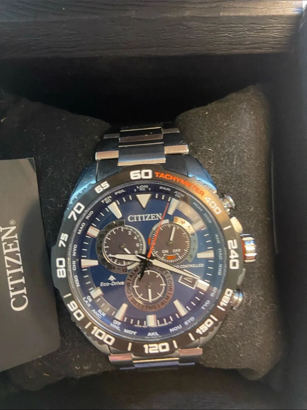 Citizen Eco-Drive Stainless Watch with Blue Dial and Silver Bracelet.. sapphire